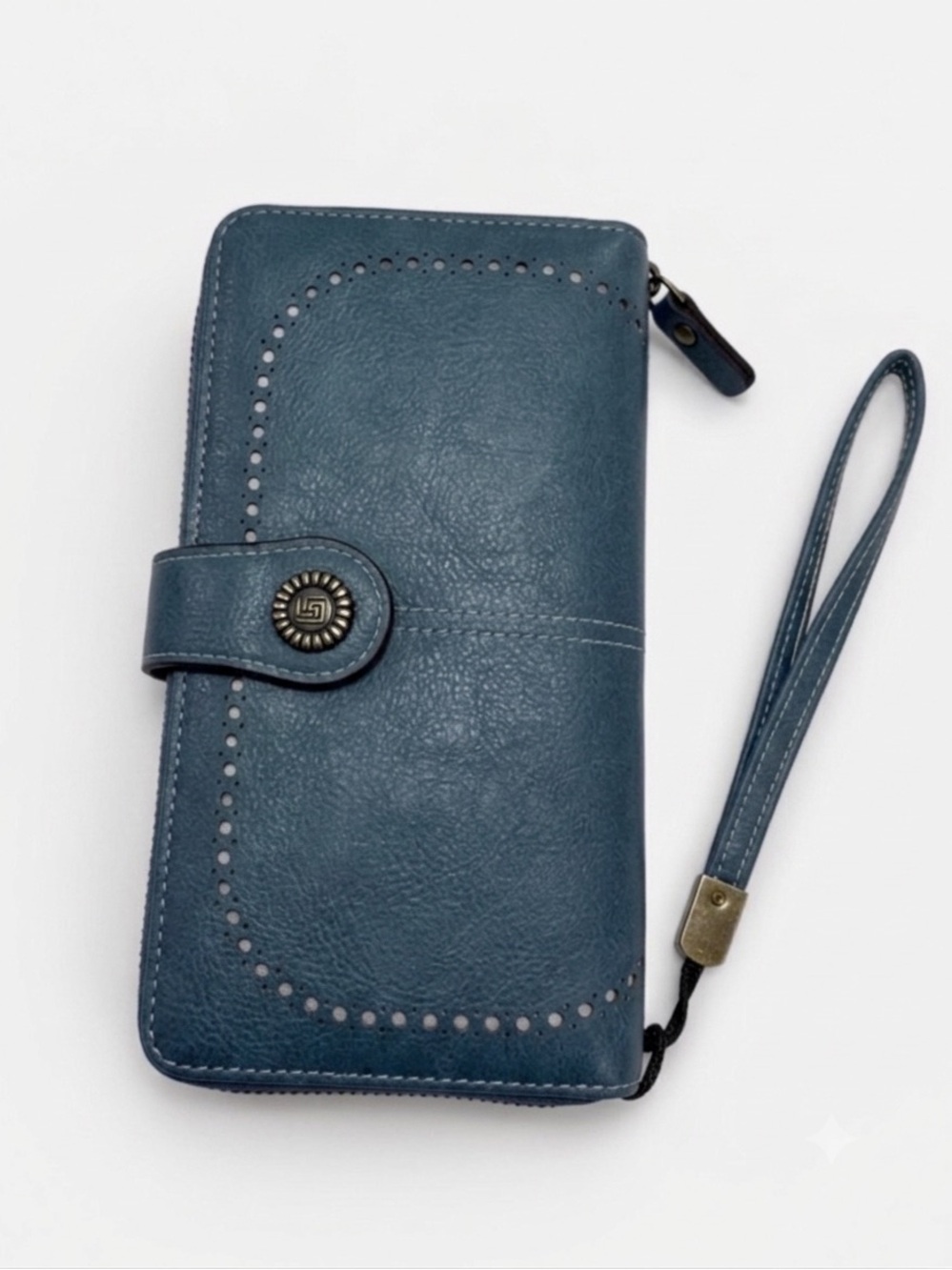 Womens Blue Faux Leather Bifold Wristlet Wallet Laser Cut Perforated Zip Around